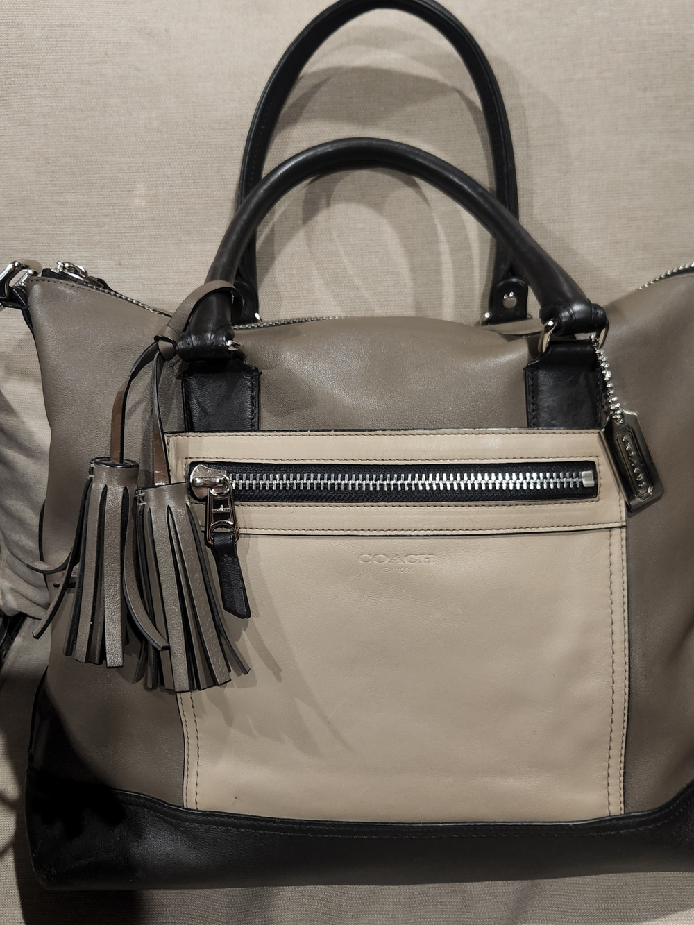 Coach Legacy Colorblock Rory Satchel 19902 Leather Taupe Black Gray Tassel Bag